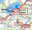 Carte montrant Courtepin et Meyriez. Source: https://fr.viamichelin.ch/web/