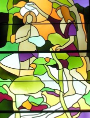 Détail du vitrail du baptême de Jésus par Aloys Perregaux. Cliché personnel