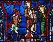 Cathédrale de Chartres. Vitrail, le Christ et le Démon. Crédit: Documentaire Alpha sur Chartres, 1972