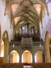 Photo: ancien Grand Orgue de tribune en perspective (Stadtkirche, Bienne). Cliché personnel (2007)